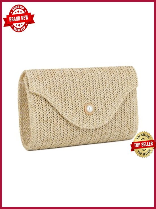 Handbags - Woven Straw Clutch Purse with Pearl Detail Evening Bag Small Beach Handbag